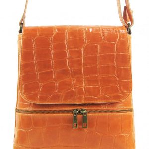 Kožená dámska crossbody kabelka v kroko dizajne oranžová