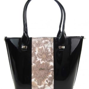 Luxusná dámska kabelka čierny lak s hnedými kvietkami S504 GROSSO