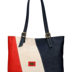 Korková dámska kabelka cez plece červeno-béžovo-modrá