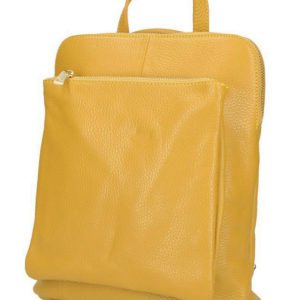 Kožený menší dámsky batôžtek s čelným vreckom a zlatými doplnkami horčicovo žltý