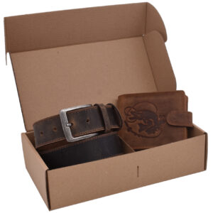 Rybársky darčekový set šťuka s udicou 320 – pánska peňaženka 2911906-29 a pánsky kožený opasok tmavý šitý 747